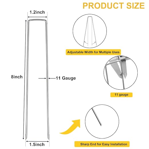 HongWay 120 Pack Landscape Staples 8 Inch, Galvanized Garden Stakes Tent Stakes Heavy Duty 11 Gauge Landscaping Fabric Pins Yard Ground Staples for Lawn, Turf, Fence, Outdoor Decorations