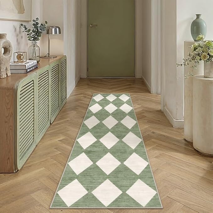 Green 2x6 Washable Runner Rug Kitchen Non Slip Checkered Carpet | Soft, Low Pile, Easy Clean, Diamond Pattern for Hallway, Entryway, Laundry Room, Bathroom, Modern Indoor Decor