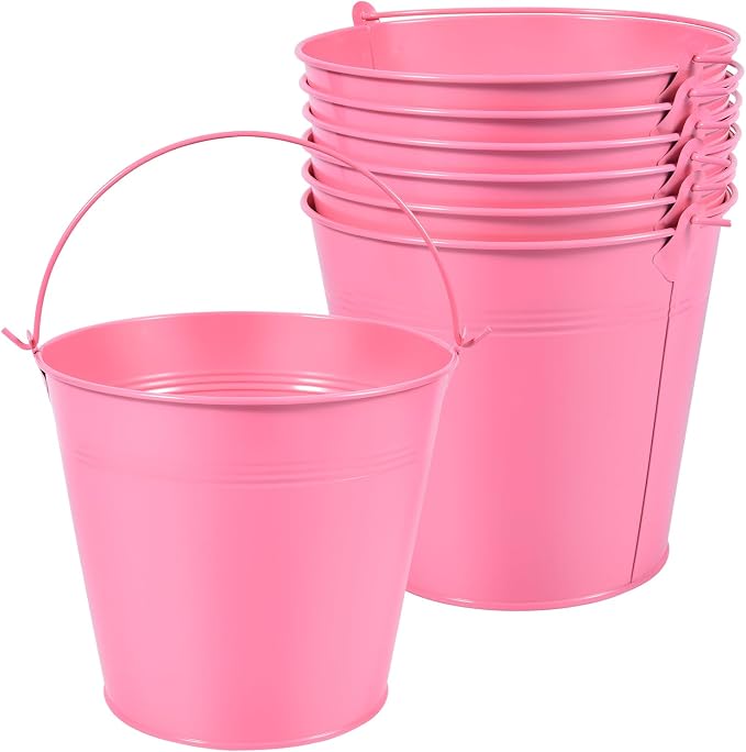 OBTANIM 7 Pack Pink Metal Buckets with Handle Galvanized Ice Pails for Plants, Succulents, Party Favors Organizing, Rustic Home Decor or Classrooms Pencil Storage (7.1 x 5.2 inch)