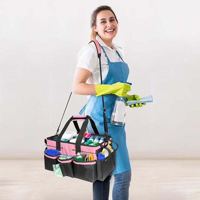 Large Wearable Cleaning Caddy Bag – Waterproof Tote with Multiple Compartments, 4 Detachable Dividers, Adjustable Shoulder Strap & Waist Belt, Heavy-Duty Organizer for Housekeepers, Home, Car -Pink