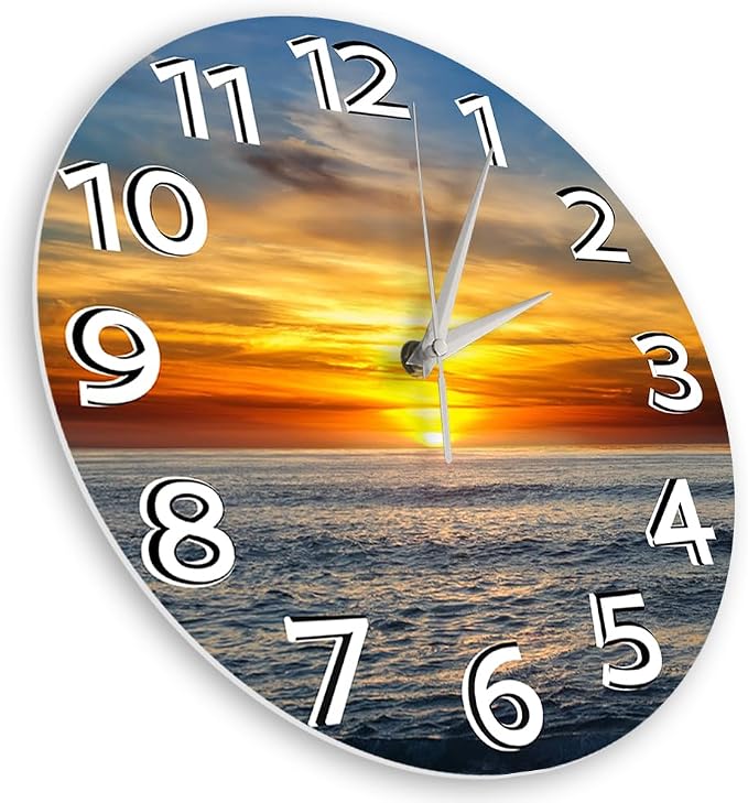 15 Inch Sunset Ocean Wall Clock, Beautiful Landscape Wall Art Clock Large Numbers Easy-to-Read Modern Decorative Silent Non Ticking Wall Watch Clock Battery Operated for Bedroom Living Room
