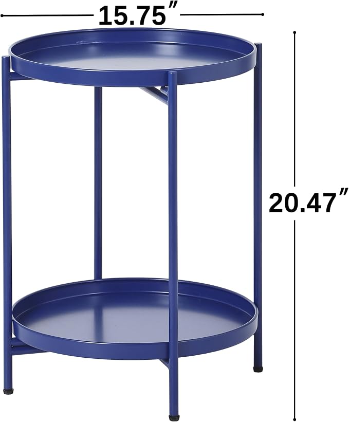 2-Tier Round End Side Table, Small Metal Side Table with Removable Tray, Folding Accent Tables for Living Room, Balcony, Nightstand for Bedroom, Outdoor Tables for Patio, Navy Blue