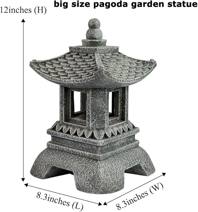 Solar Pagoda Decors Garden Statues, Zen Asian Outdoor Statues Accessories Japanese Pagoda Lamp Lantern for Garden Balcony Patio Porch Yard Art Ornament Decoration, 12 Inches