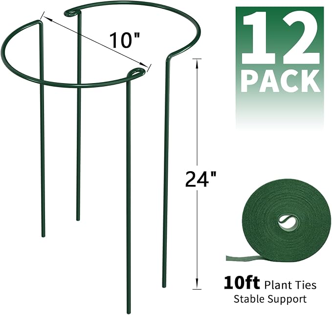 AMAGABELI 12 Pack 24 Inch Plant Support Stakes Peony Cage Heavy Duty Ring Metal Garden Support Structures Plant Cage with Ties for Indoor Flower Outdoor Tomato Hydrangea Monstera