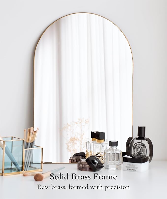 Gold Arched Wall Mirror 13”x19”- Small Vintage Hanging Mirror with Chain, Decorative Brass Mirror for Entryway, Bathroom, Bedroom&Living Room, Antique Gold Wall Mirror