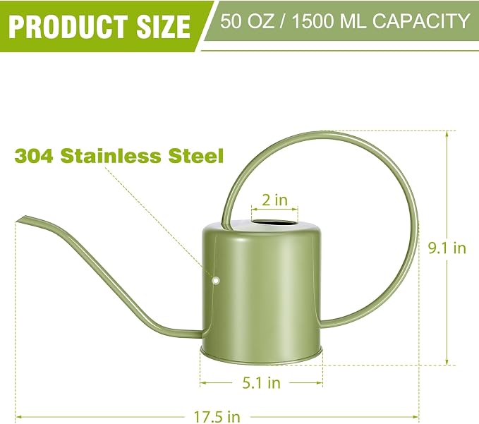 Plant Watering Can, 50 oz / 1500 ml Stainless Steel Metal - Modern Decorative with Long Spout for Indoor Potted Plants, Bonsai, Garden Flowers, Saga Green