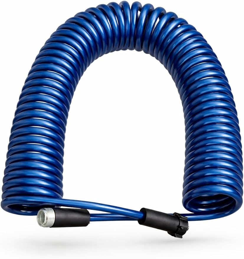 SpringHose RV Water Hose 3/8 in by 50-Foot Polyurethane RV Drinking Water Hose Safe - Premium and Lightweight Coiled Hose with Quick-Connect Male Adapter Plug, Made in Canada, Blue