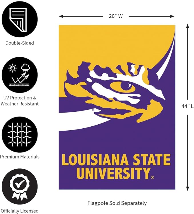 Team Sports America NCAA Louisiana State University House Flag, 28 x 44, Double Sided Garden Flags for Outside, Outdoor College Flags & Banners for Garden Patio, Indoor Wall Decor Flag for Room