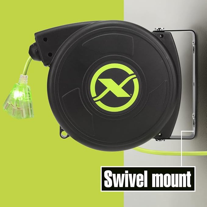 Flexzilla Retractable Extension, 14/3 AWG SJTOW, 50', Grounded Triple Tap Outlet Electric Cord Reel, ZillaGreen, FZ8140503