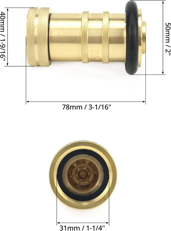 QWORK 1" NST/NH Brass Fire Hose Spray Nozzle, Heavy Duty Fire Equipment, Industrial Jet Fog Nozzle 36 gpm 100 psi