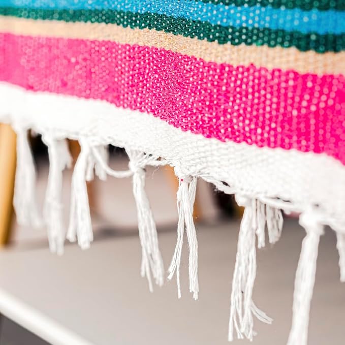 Mexican Blanket Throw with Tassels, 69 x 51 Inches Large Woven Serape Blanket, Boho Striped Picnic Yoga Beach Blanket, Soft Durable Tribal Falsa Blanket for Couch Outdoor Travel - Rose-Blue