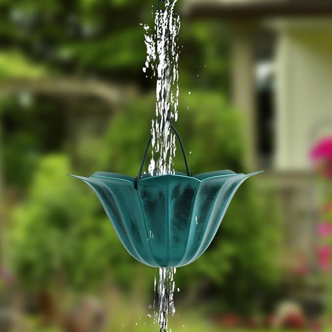 9FT Lotus Rain Chain in Antique Blue – Rain Chains for Gutters with 12 Cups, Adjustable Rain Catcher Chain with Bell for Eaves Drainage, Replacement for Downspout (Lotus Antique Blue)