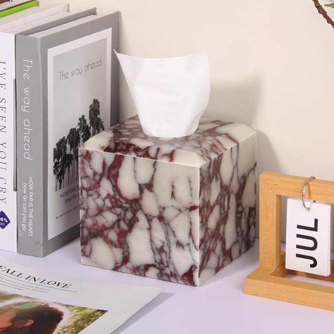 Natural Marble Square Tissue Box Cover ,Stone Modern Decorative Sturdy Napkin Box Holder Case,Facial Paper Organizer for Bathroom Vanity Toilet Countertop,Kitchen (1, Calacatta Viola, 5.71*5.71*5.51)
