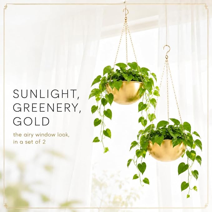AceList Gold Hanging Planter for Indoor Plants, Set of 2-9.8 Inch Boho Metal Plant Hanger with Hooks & Chain, Brass Finish Hanging Plant Holder for Window, Ceiling & Living Room Decor