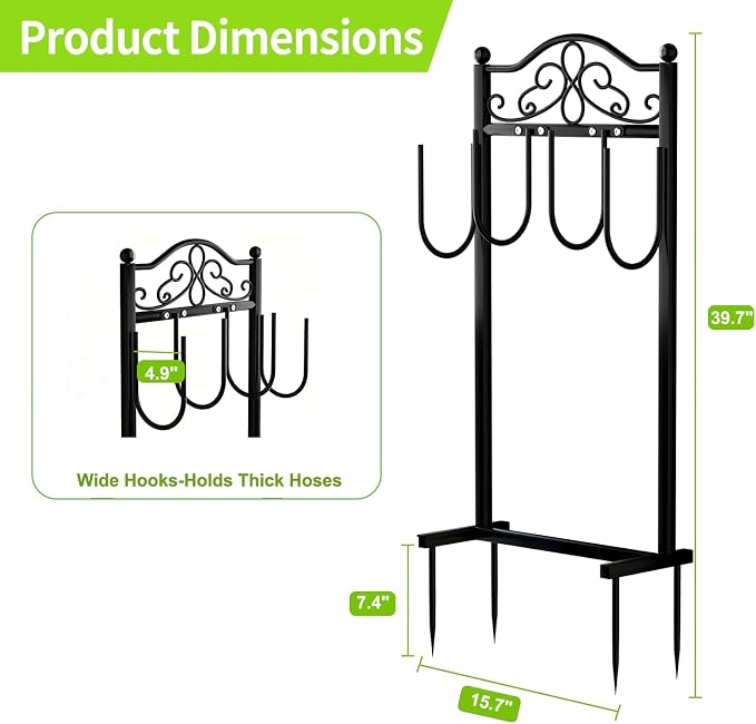 Upgraded Garden Hose Holder - Heavy Duty Freestanding Metal Hose Holder with 4 Stabilizing Spikes, Sturdy Hose Hanger up to 100ft Hose for Yard, Lawn & Outdoor Garden (Black)