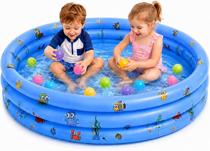 Inflatable Kiddie Pool for Baby with Bubble Bottom, 48"*12", Blue | Toddler Pool with Drain Plug, 3Ring Kids Pool for Summer Play, Flodable,Beach, Backyard, Indoor Ball Pit Play