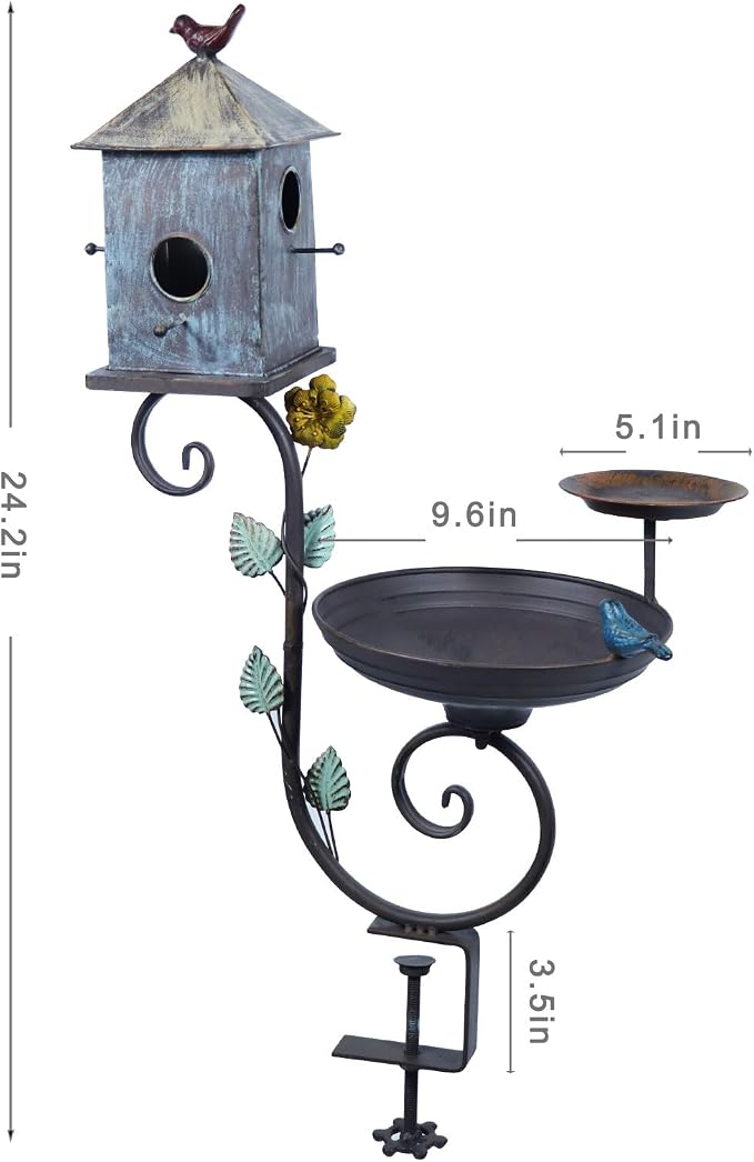 HLQMFHT Deck Bird Bath, 3 in 1 Metal Bird Bath and Bird Houses, Decorative Deck Mounted Bird Baths, Detachable and Adjustable Sturdy Deck Bird Bath for Outdoor Porch Yard Garden Decoration