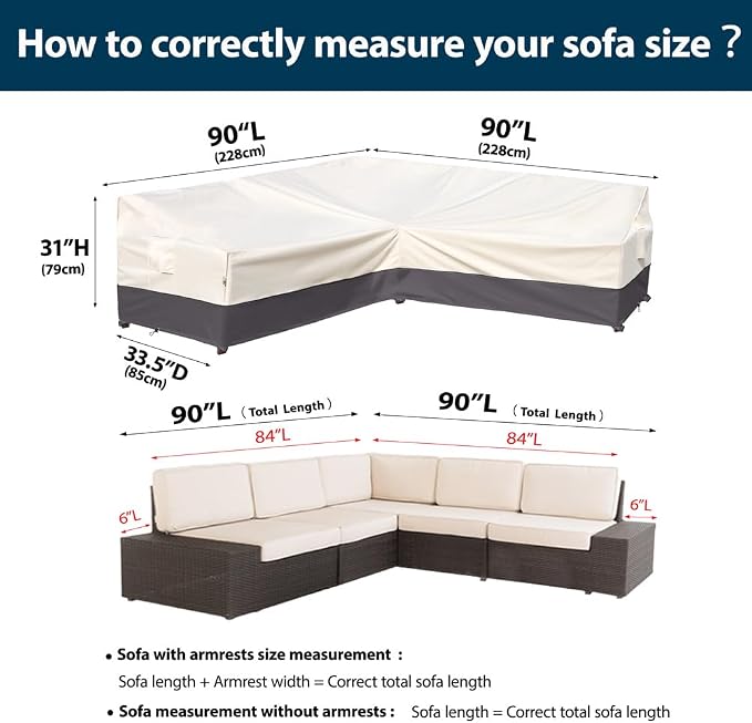 Outdoor Sectional Cover, 90-inch V Shaped Patio Furniture Sofa Covers Waterproof Rip-Stop Anti-UV 600D Heavy Duty Outdoor Couch Cover with 3 Air Vents, Beige & Charcoal