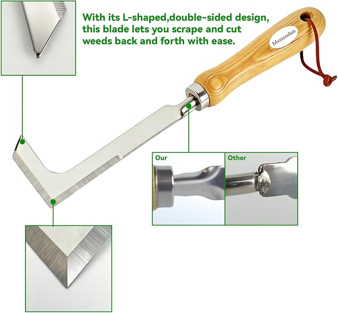 4PCS Garden Weeding Tool Set, Hand Weeder Tools with Wooden Handles, Double Claw Root Hook, V-Shape Weed Puller, Crack Weeder & Stainless Steel Garden Trowel for Digging, Planting & Weed Removal