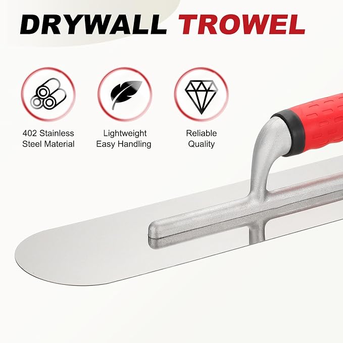 HARFINGTON Double Round Drywall Trowel 20" x 4", 402 Stainless Steel Concrete Finishing Trowel Art Paint Plastering Hand Tools with TPE Grip, for Concrete Cement, Silver