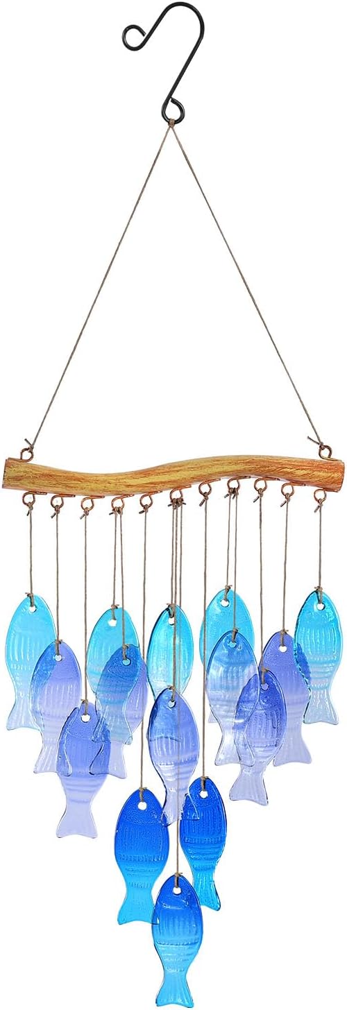 Glass Fish Wind Chimes for Outside/Inside - Handcrafted Stained Glass and Iron Decorative Sea Glass Windchime - Unique Bohemian Coastal Decor for Garden, Patio, Porch - Sympathy Gift (Blue Fish)