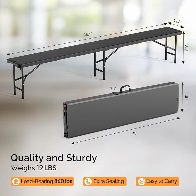 VINGLI 8 feet Plastic Folding Bench,Portable in/Outdoor Picnic Party Camping Dining Seat, Garden Soccer Multipurpose Entertaining Activities, Smooth HDPE Tabletop (1, Black, 8ft)