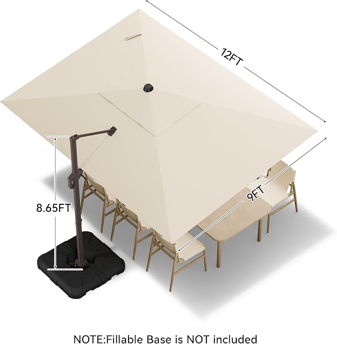 9x12 FT Cantilever Patio Umbrella, Beige Large Rectangular Umbrella | Offset Outdoor Umbrella with 360° Rotation, Heavy Duty Shade Umbrella for Garden Backyard Deck Poolside Courtyard
