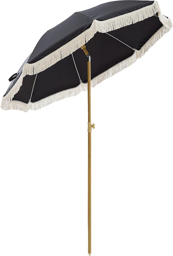 6.5FT Boho Patio Umberlla with Fringe,UPF50+ Outdoor Umbrella with Fiberglass Ribs and Push Button Tilt,Tassels Umbrella for Beach,Terrace,Picnic