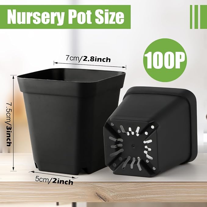 RooTrimmer 5 Pack Soil Blocking Trays with 2.8 inch (7CM) Square Nursery Pots 100pcs, Plastic Flat Plant Tray for Holding or Collecting Drainage Water, Seed Starter Tray for Seed Germination (Black)