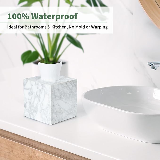 Real Natural Marble Tissue Box Cover, 5.5 Inch Square Marble Tissue Box Holder with Open Bottom, Heavy Stone Decorative Organizer for Bathroom Vanity, Kitchen Countertop, Luxury Home Décor