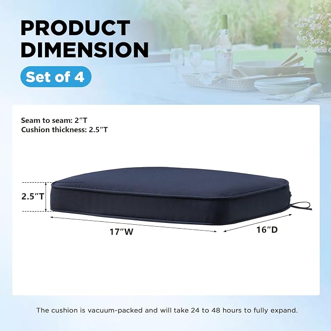 17 x 16 Inch Sunbrella Outdoor Chair Cushions with Tie Straps, Set of 4 Thick Water Repellent Round Patio Chair Pads for Garden Lawn Patio Furniture, Canvas Navy