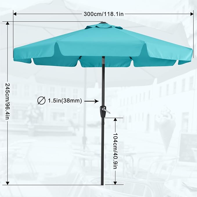 MASTERCANOPY 10ft Patio Umbrella with Valance, Crank and Tilt – 8 Ribs Outdoor Market Umbrella, UV/Fade Resistant, Waterproof Canopy with Wind Vent for Garden, Deck, Backyard, Pool (Turquoise)