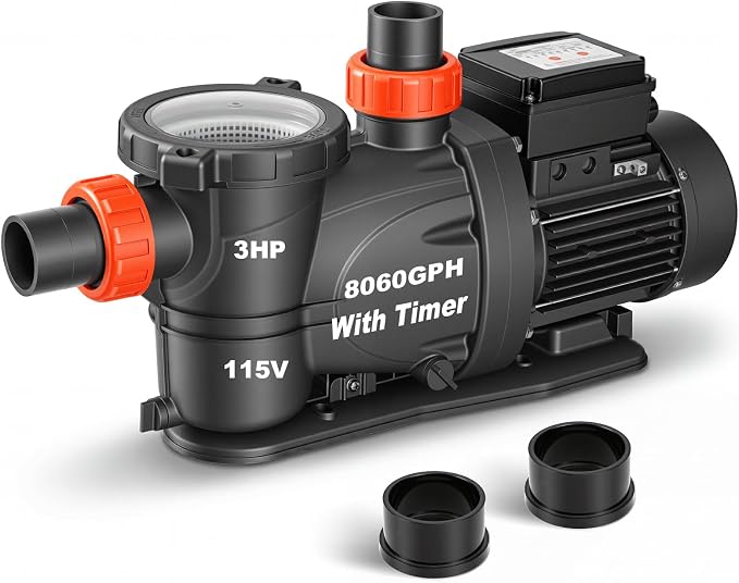 LEO 3HP In/Above Ground Pool Pump with Timer High Flow Powerful Self Priming Pool Pump, Single Speed 115V 7910GPH, Orange Red