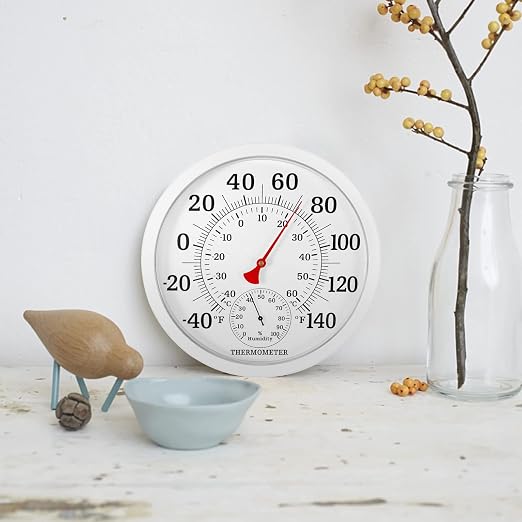 10.5 Inch Indoor Outdoor Thermometer Large Numbers - Weather Thermometer Hygrometer Waterproof, No Battery Needed Outdoor Thermometers for Patio, Home, Garden Decoration (White)