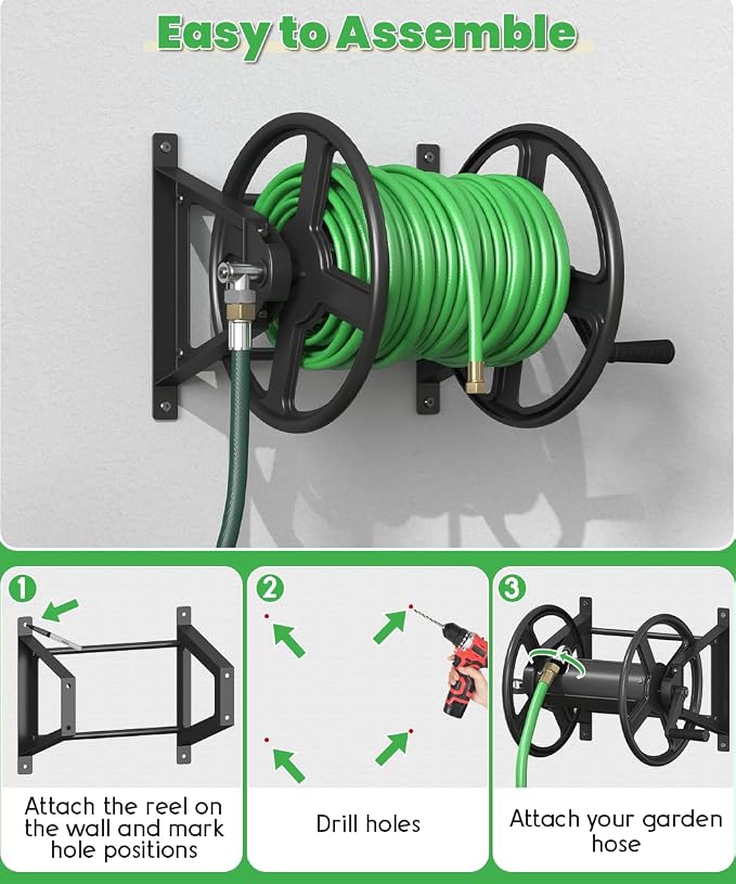 Garden Hose Reel Wall Mounted, Heavy-Duty Water Hose Holder Winder with 3.9 ft Leader Hose & Brass Fitting, Hose Hanger Storage Rack Holds 125-Feet of, 5/8-Inch, for Yard Lawn Farm, Black