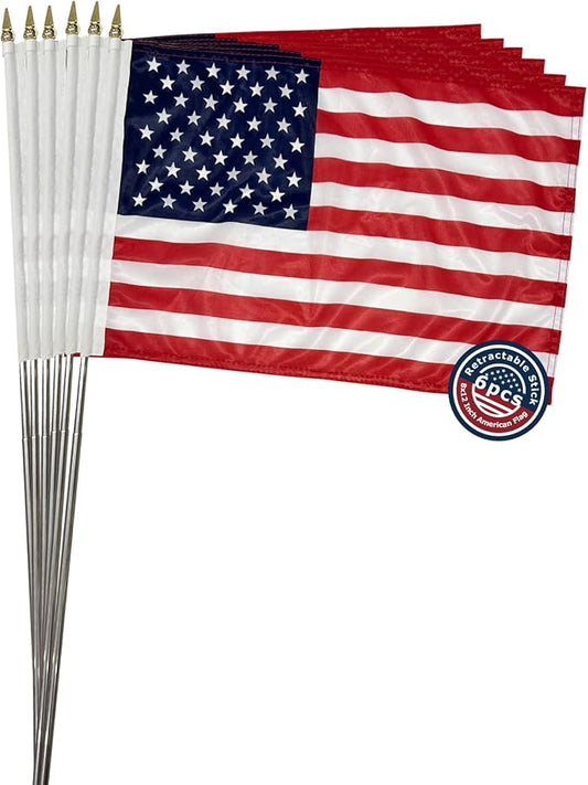 8x12 inch Small American Flag on Stick 6 Pcs for 250th Anniversary, Mini Hand Held US USA Flags with Stainless Steel Pole for Outside Yard 4th of July Decorations