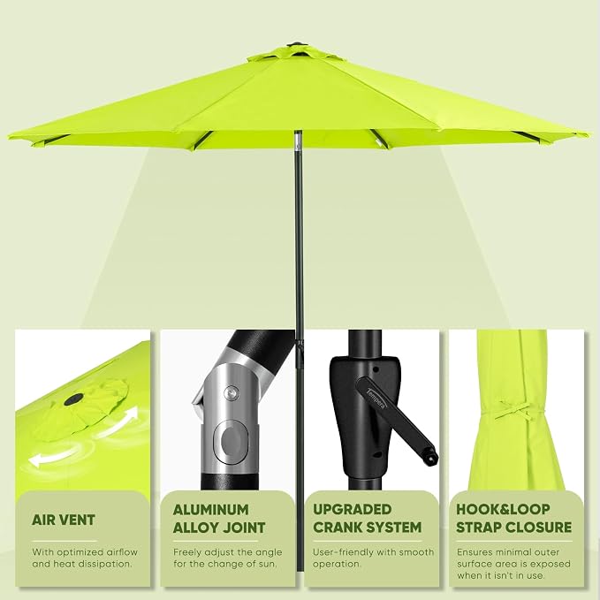 Tempera Patio Market Outdoor Table Umbrella with Push Button Tilt and Crank, Large Sun Umbrella with Sturdy Pole & Fade Resistant Canopy, Easy to Set