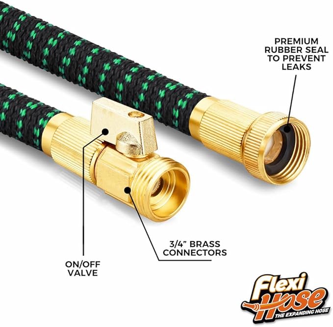 Flexi Hose with 8 Function Nozzle, 150FT - Lightweight Expandable Garden Hose, No-Kink Flexibility, 3/4 Inch Solid Brass Fittings and Double Latex Core - Black and Green