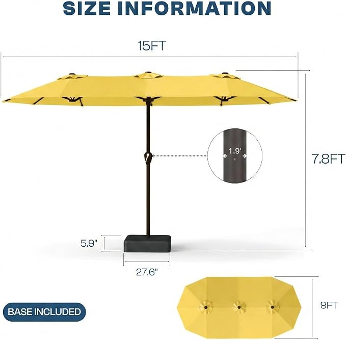 15FT Large Patio Umbrella with Base Included, Double Sided Outdoor Market Umbrella with Flexible Fiberglass Ribs, UV-Blocking Extra Large Umbrella for Garden, Pool, Deck, Sunshine Yellow