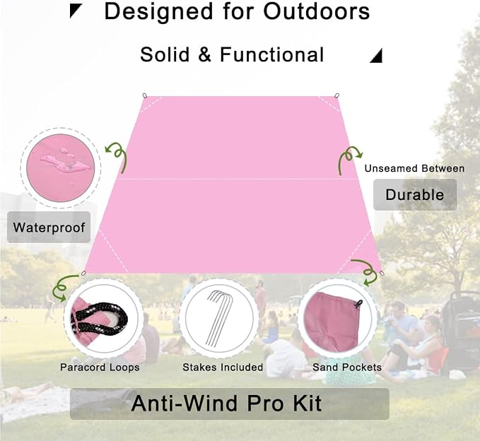 Outdoor Pocket Blanket, 55"x39" Waterproof Foldable Compact Small Picnic Blanket, Ultralight Tarp for Camping, Festival, Beach, Hiking, Backpacking, Travel, Stakes Included (Pink)