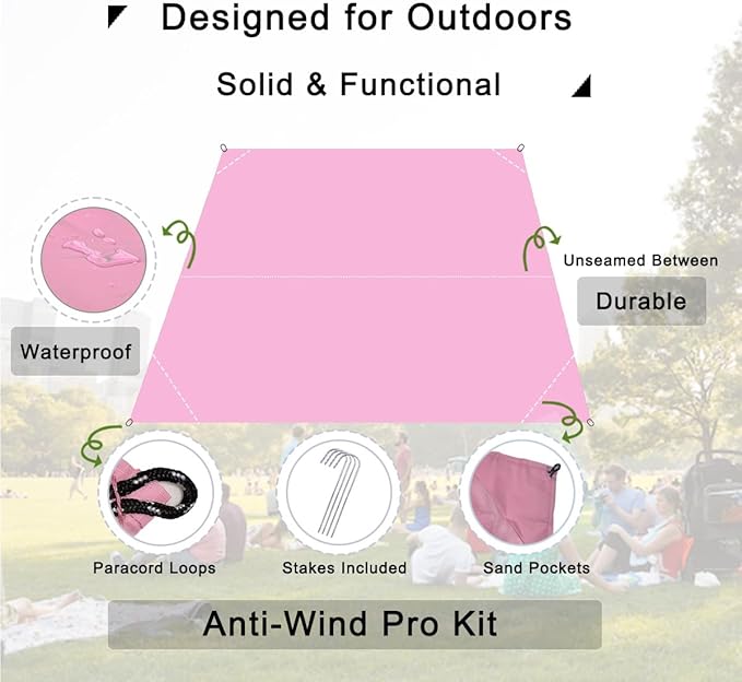 Outdoor Pocket Blanket, 55"x60" Waterproof Foldable Compact Small Picnic Blanket, Ultralight Tarp for Camping, Festival, Beach, Hiking, Backpacking, Travel, Stakes Included (Pink)