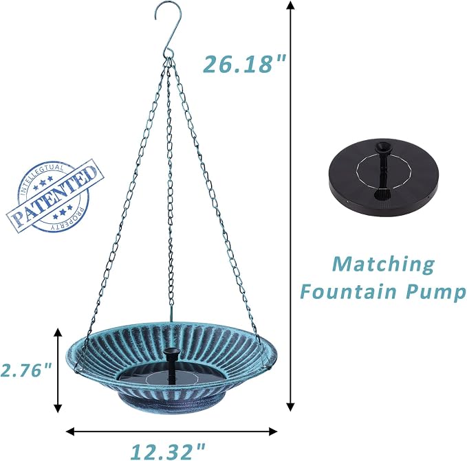 12" Hanging Solar Bird Bath,Solar Bird Bath Fountain for Garden Patio Decor | Hanging Bird Bath with Solar Fountain,Metal Bird Bath Bubbler,Hanging Bird Bath for outside (blue)
