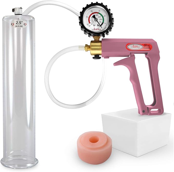 LeLuv Penis Pump Maxi Pink Nylon Handle + Protected Gauge - Bundle with Clear Hose, Silicone Donut Seal - 12 inch Length x 2.50 inch Diameter Cylinder