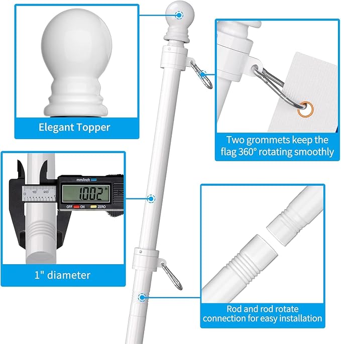 ZMTECH American Flag with Pole - 6FT Flagpole with Upgraded Tangle Free Rings and Bracket, 1" Stainless Steel Flag Poles with Holder for Outside House, Residential or Commerical (White, No Light)