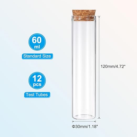 PATIKIL 60ml Test Tubes, 12pcs 4.72x1.18 Glass Clear Flat Bottom Test Tube Containers with Cork Stopper for Bead Party Candy Bath Salt Storage Scientific Experiment Plant Propagation