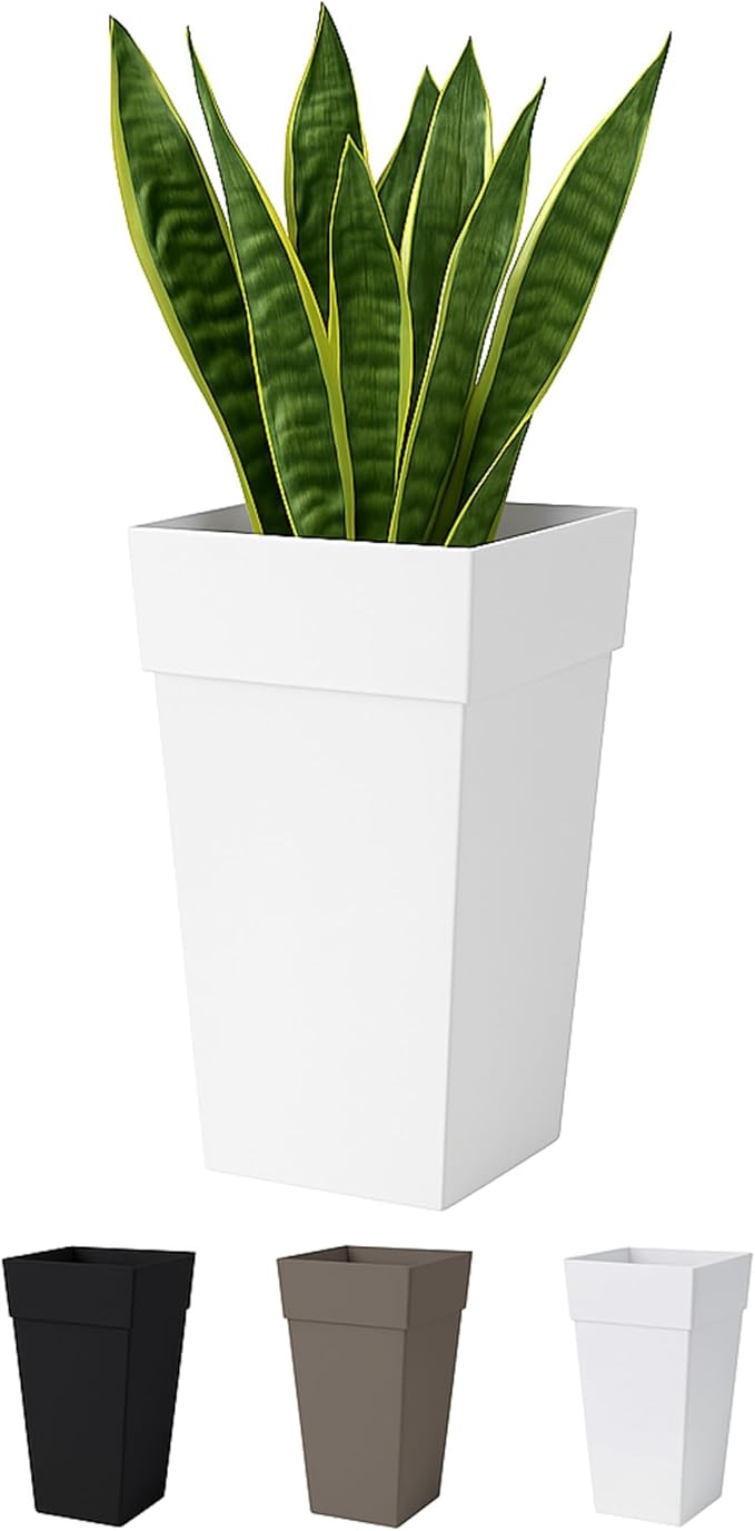 Bloem Tall Finley Tapered Square Planter: 25" - Casper White - Matte Textured Finish, 100% Recycled Plastic Pot, for Indoor and Outdoor Use, Gardening, 9 Gallon Capacity