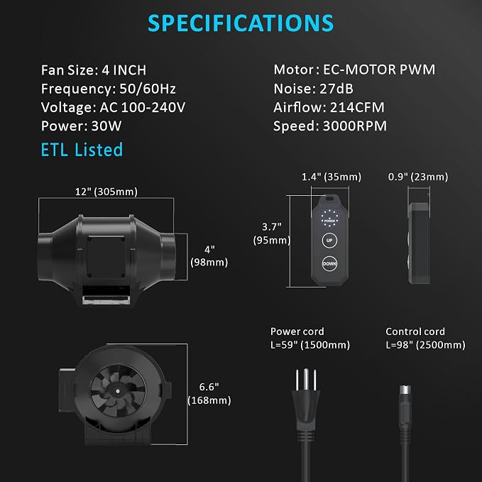 Toolazy Pro 4 Inch Inline Duct Fan, 214 CFM Quiet EC Motor Ventilation Fan with 10-Speed Controller, 27dB Low Noise Mixed-Flow Exhaust Fan for Grow Tent, Hydroponics, HVAC Duct Booster, Bathroom