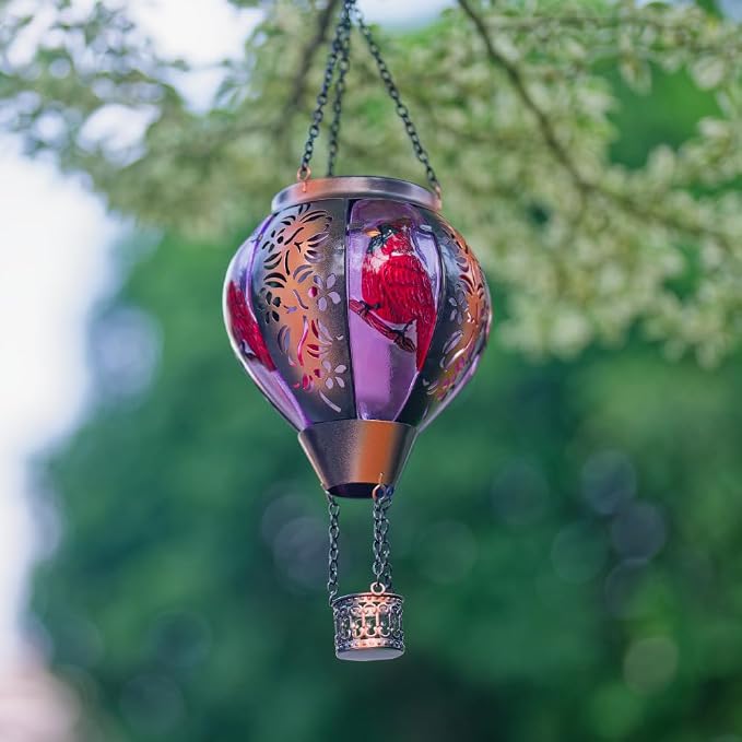 STARSOUL Cardinal Solar Hot Air Balloon Lantern with Flickering Flame, Cardinals Hanging Solar Lantern Outdoor Waterproof, Red Bird Hot Air Balloon Solar Light Decorations for Garden Yard Lawn