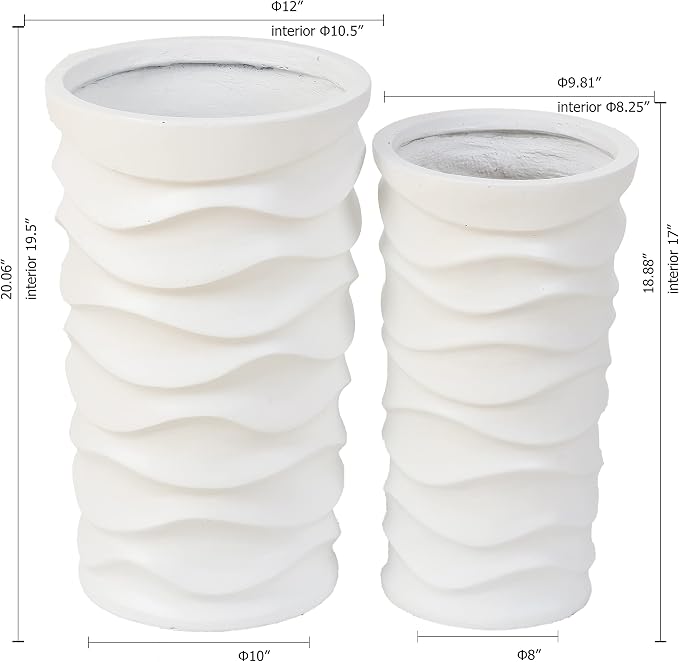LuxenHome Tall Planters for Outdoor Plants, Set of 2 Indoor Outdoor Garden Plant Pots with Drainage Hole and Rubber Plug, Modern White Waves Flower Pot Concrete Planters for Home Garden Patio Porch