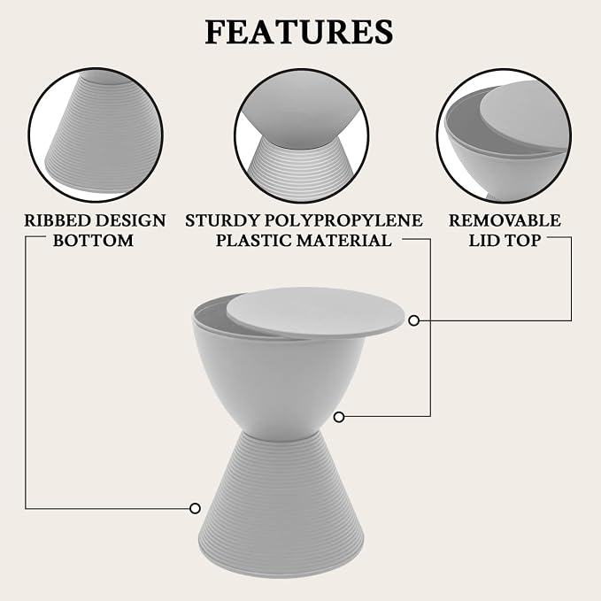 LeisureMod Side Table Modern ABS Ribbed Hourglass End Table Compact Accent Drum Table with Removable Lid for Storage Indoor and Outdoor Use 16.75" H x 11.75" W x 11.75" D Boyd Series in Light Grey